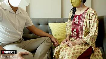 Indian maid Saanvi Bahl works at the office before her boss fucks her. Rough licking and pussy fucking happen.