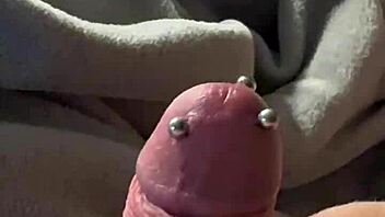 Big Piercing First Cumshot in Solo BDSM!