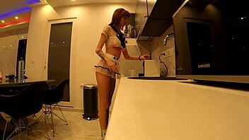 hot tight pussy lilly shows ass and tits in kitchen