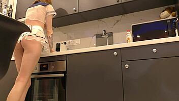 hot tight pussy lilly shows ass and tits in kitchen