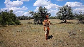 Savannah vixen enjoys outdoor fun with amateurs.