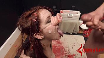 Dominated babe gagging on DICK during holiday bondage