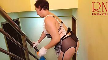 Depraved maid Regina Noir flashes pussy while cleaning stairs