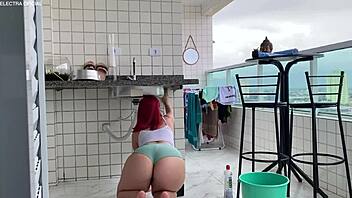 Maid cleans house in sexy outfit.