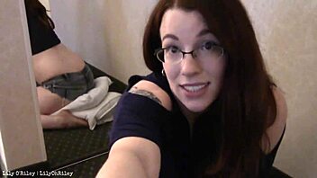 Chubby redhead humps pillow in denim shorts on floor