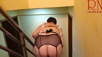 Depraved maid Regina Noir flashes pussy while cleaning stairs