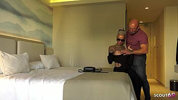 Slim German mature wife with many tattoos cheats in hotel quickie, no condom roleplay fuck, cum on small narrow ass