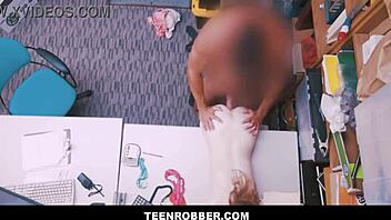 petite blonde shoplifter fucks officer to avoid charges in taboo office striptease
