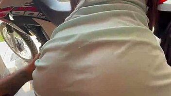 Public sex with Colombian cutie riding outdoors. Neighbors watch her get creampied!