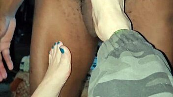 Busty wife Alegra sucks BBC with feet and pussy while husband works