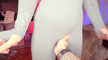 Jealous husband roughly checks wife's pussy after workout in doggystyle position with long hair