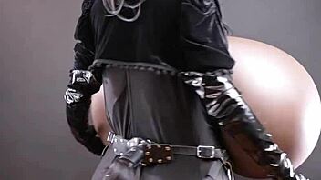 Big furry with fake tits dances in leather