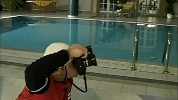 brunette with perfect body fucks male model and photographer during photoshoot