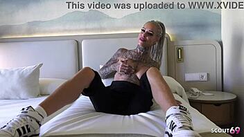 Slim German mature wife with many tattoos cheats in hotel quickie, no condom roleplay fuck, cum on small narrow ass