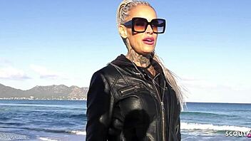 Slim German mature wife with many tattoos cheats in hotel quickie, no condom roleplay fuck, cum on small narrow ass