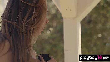 Skinny busty teen blondie miss zita strips naked on porch