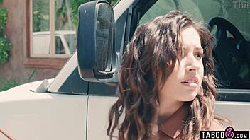 Teen girl surprises delivery girl with strapon, diving into her pussy for intense lesbian oral sex.