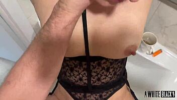 Wife sneaks bathroom quickie with husband’s friend, riding fist and cock for messy cum dump.