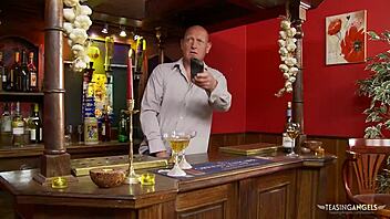 Lusty brunette sucks off bartender in empty bar