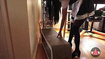 French MAID in STOCKINGS VACUUMS house, WOW what a sight!