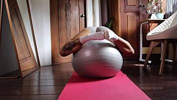 i got so horny stretching in yoga pants, wet myself, fingered my ass with a butt plug