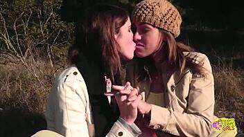 Two Brunette Friends Turn Picnic into Hot Lesbian Strapon Action Outdoors