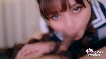 cute schoolgirl with tongue piercing sucks cock till cum drips