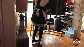 French MAID in STOCKINGS VACUUMS house, WOW what a sight!