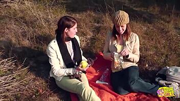 Two Brunette Friends Turn Picnic into Hot Lesbian Strapon Action Outdoors