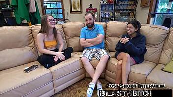 Patient Mira Monroe sucks dick backstage, then gets face fucked hard in latex