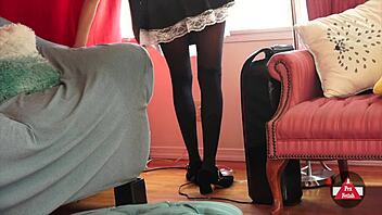 French MAID in STOCKINGS VACUUMS house, WOW what a sight!