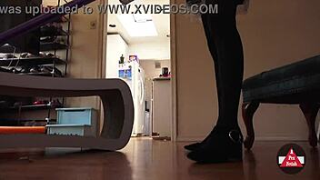 French MAID in STOCKINGS VACUUMS house, WOW what a sight!