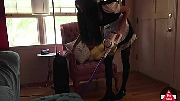 French MAID in STOCKINGS VACUUMS house, WOW what a sight!