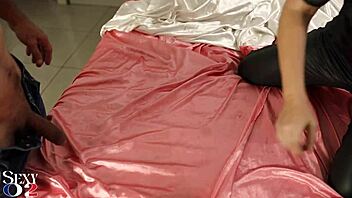 Intense Fucking with White MILF in Green Leather and Red Satin