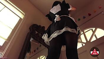 French MAID in STOCKINGS VACUUMS house, WOW what a sight!