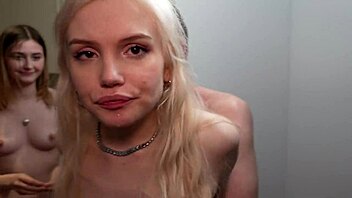 Two beauties get roughly fucked backstage, screaming as he pounds her.