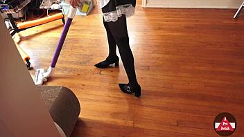 French MAID in STOCKINGS VACUUMS house, WOW what a sight!