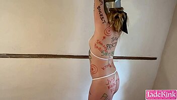 trash can whore gets rough fuck with body writing shame