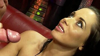 sexy brunette feels pleasure riding big cock, licking and getting cumshot from fat old man