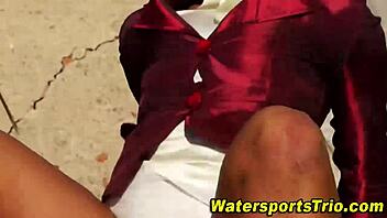 Outdoor threesome involves watersports and blowjobs