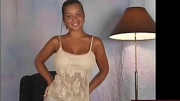 Teen Model Dancing With Big Tits Shaking In Beige Dress.