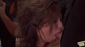 Amazing brunette milf in red stockings enjoys hardcore double penetration and cum in mouth during foursome