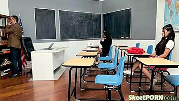 risky teacher fucks two asian students in school