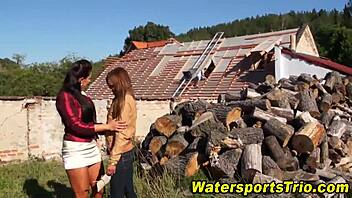 Outdoor threesome involves watersports and blowjobs