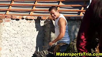 Outdoor threesome involves watersports and blowjobs