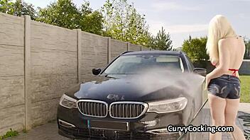 Busty bikini girl got washed and fucked after car wash