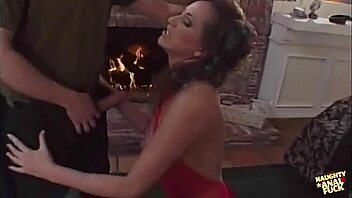 Amazing brunette milf in red stockings enjoys hardcore double penetration and cum in mouth during foursome