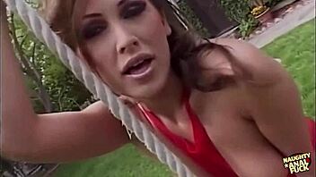 Amazing brunette milf in red stockings enjoys hardcore double penetration and cum in mouth during foursome