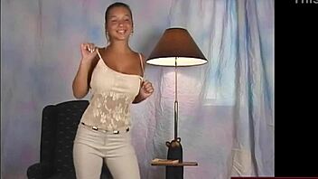 Teen Model Dancing With Big Tits Shaking In Beige Dress.
