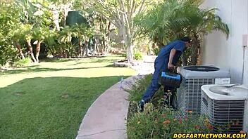 Ever Seen Big-Tittied Redhead Spitroasted by Huge Cock Repairmen?